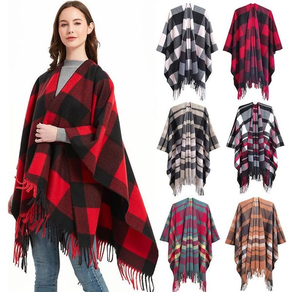 

scarves women fringed shawl 160*120cm fashion autumn and winter warmth split plaid cloak thickening bedroom air conditioning blanket, Blue;gray