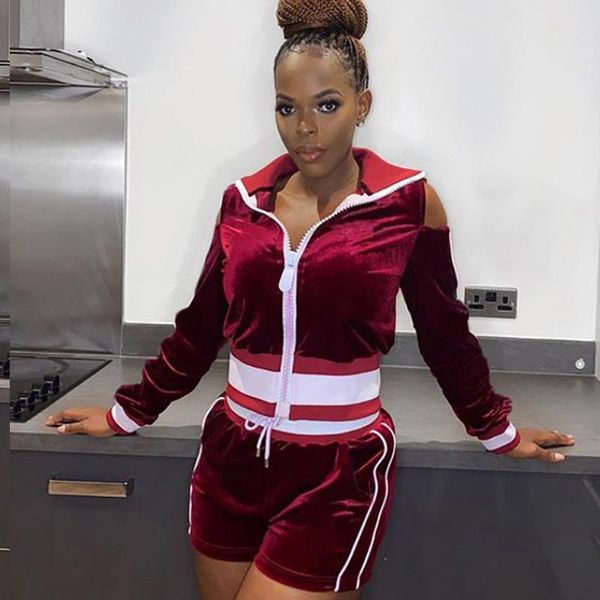 

women's tracksuits flannel shorts sportywear women two piece sets solid patchwork off shoulder long sleeve zip casual drawstring outfit, Gray