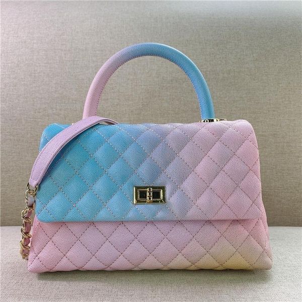 

real leather gradient rainbow color caviar rhombic large chain bag women messenger purses and handbags luxury designer evening bags