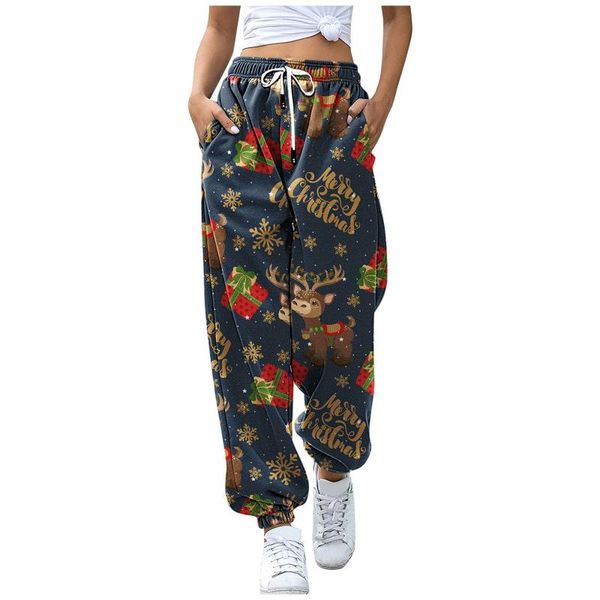 

women's leggings women casual christmas print patchwork pants autumn elastic waist pocket wide leg streetwear plus size warm sweatpants, Black