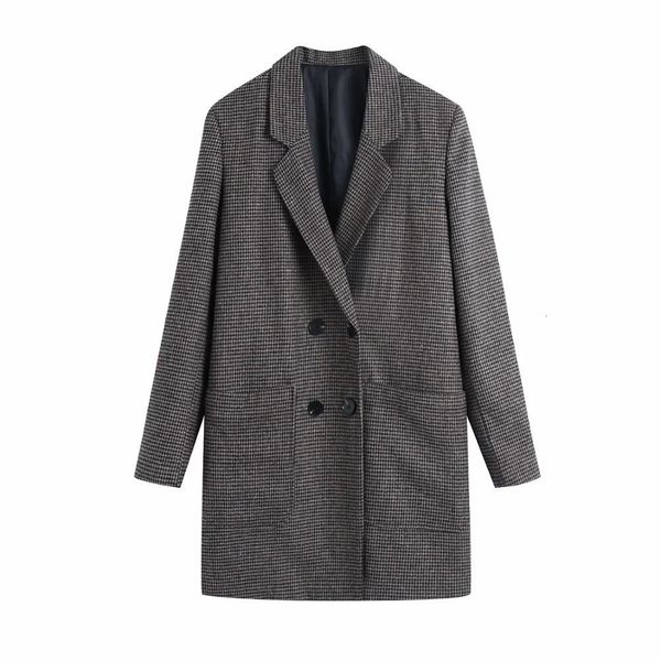 

blends fall winter women coat houndstooth double breasted pockets casual windbreaker woman jackets outfits, Black
