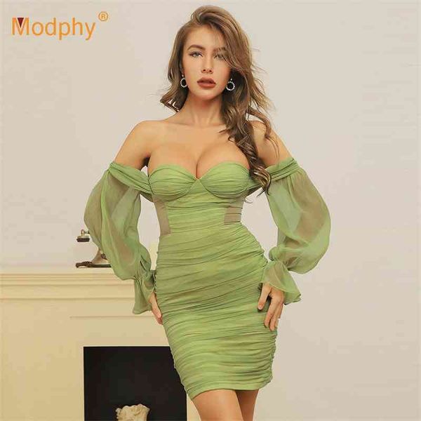 

light green elegant mini dress women lantern long sleeve bodycon club party evening female clothing summer fashion 210527, Black;gray