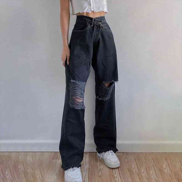 

ripped denim asymmetric high waist womens jeans raw hem fashion hollow wide leg pants baggy loose harem trousers black, Blue
