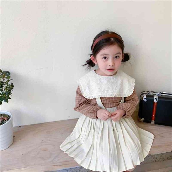 

spring korean style baby girls clothing sets lace plaid pleated skirt 2pcs toddlers kids chic suits sweet, White