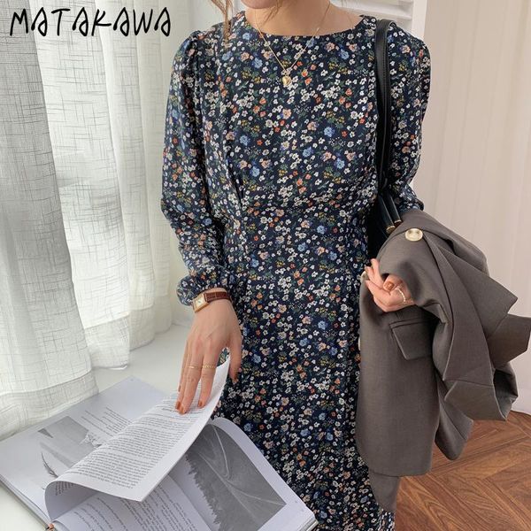 

full screen floral round neck femme robe korean chic autumn gentle woman dress tie waist chiffon long dresses casual, Black;gray