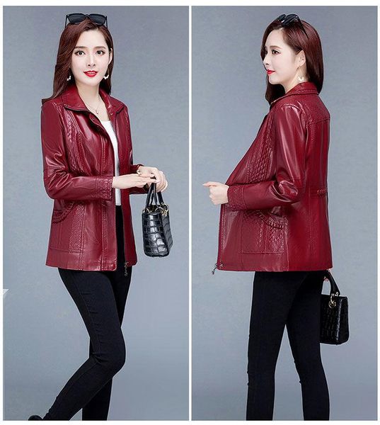 

women's jackets spring autumn mid-length leather jacket large size 8xl lady clothing fashion wild female coat for women, Black;brown
