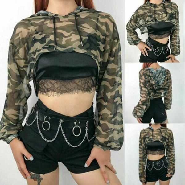 

women's blouses & shirts 2021 fashion spring summer casual camouflage perspective long sleeve blouse hooded pullover loose, White
