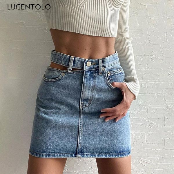 

lugentolo summer women's skirt high waist hollow bag hip slim thin button solid lady street all-match denim skirts, Black