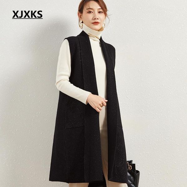 

women's vests xjxks 2021 spring autumn womens sleeveless vest jacket long coat cardigan gilets outwear veste, Black;white