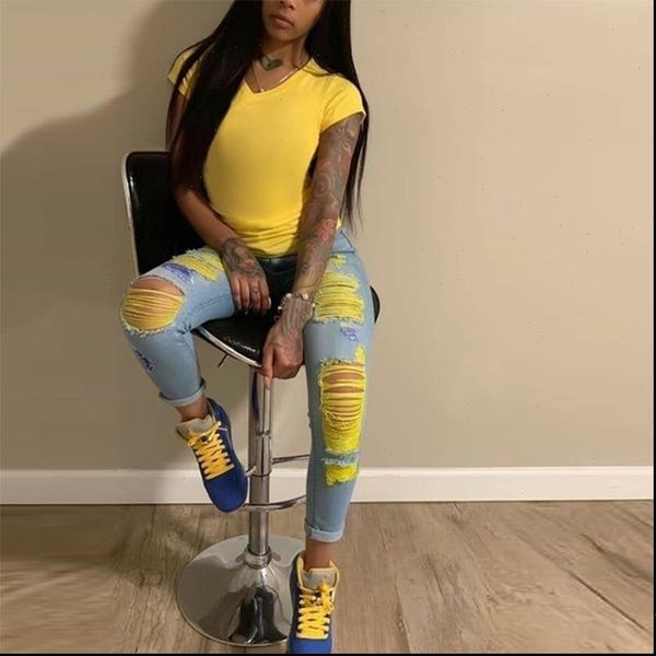 

sale colorful ripped hole women jean pants classic denim little feet trousers drop good quality, Blue