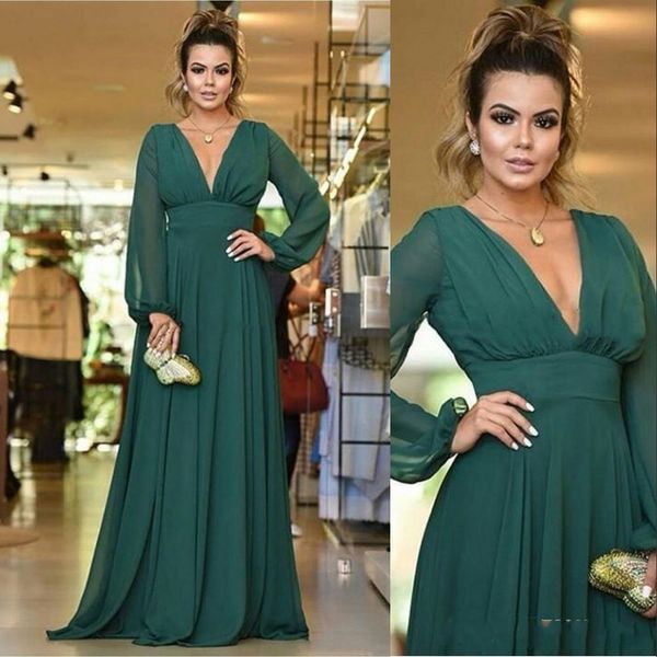 2021 Sexy Hunter Verde Mãe de Noiva Vestidos Deep V Neck Chiffon Mangas Longa Império Comprimento Do Assoalho Custom Weddings Noite Party Party Party Shows