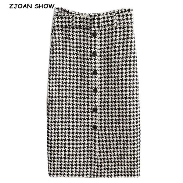 

skirts 2021 women weave soft woolen check plaid pencil tweed skirt vintage single-breasted button front split mid long, Black