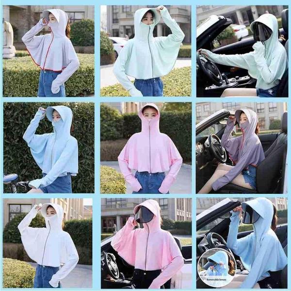 

wide brim hats 2021 summer anti uv sun protection coat hoodie with scarf removable for cycling hiking fishing hat cap fully o7d8, Blue;gray