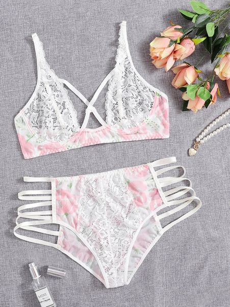 

plus floral print contrast lace lingerie set 28o4#, Black;white