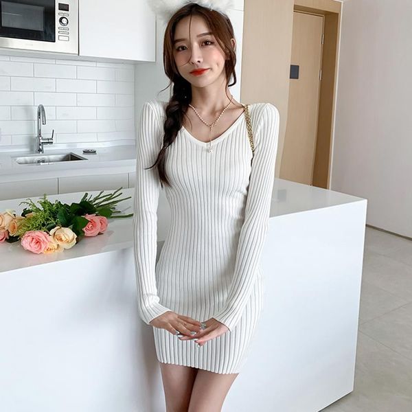

casual dresses autumn winter 2021 korean fashion v-neck white ribbing knit women's dress office lady slim bottoming mini pink, Black;gray