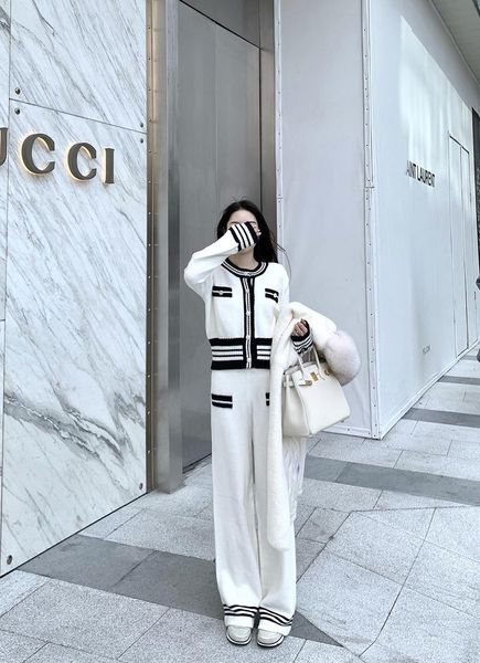 

women's two piece pants moda de malha fino pulÃ´ver feminino elegante casual listrado tripulaÃ§Ã£o pescoÃ§o camisola + escritÃ³rio solto est, White
