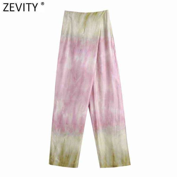 

zevity women fashion gragual color tie dyed printing satin wide leg pants retro female side zipper chic long trousers p1030 211124, Black;white