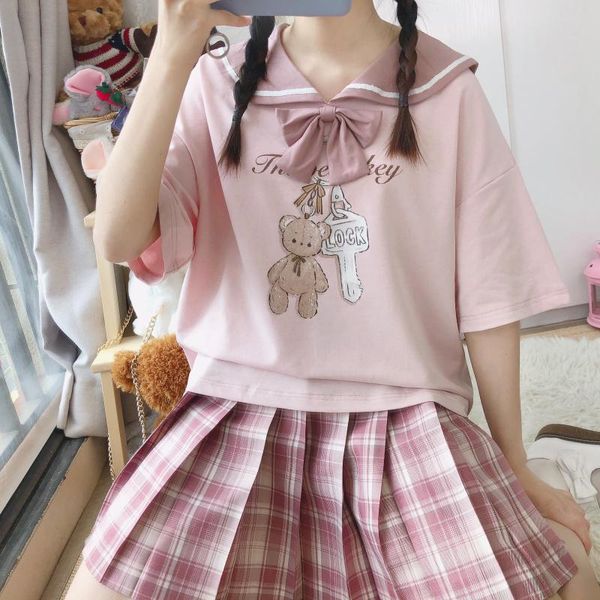 

clothing sets pink sailor suit schoolgirl uniform japanese class kawaii jk korean version preppy women set pleated skirts + bear top, White
