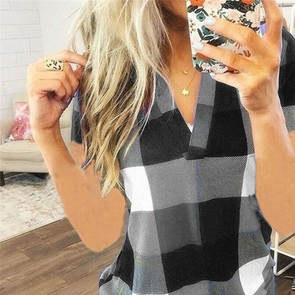 

womens blouses fashion women ladies summer v neck plaid short sleeve loose casual shirt blouse gray green red blue, White