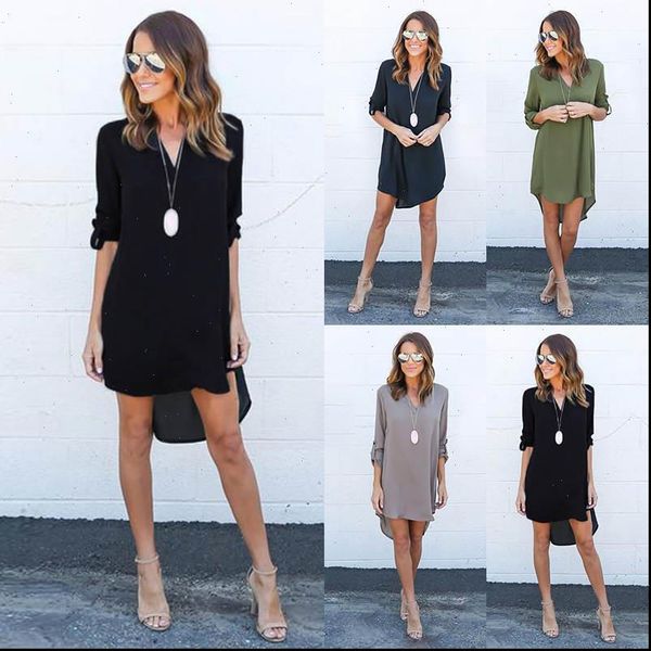 

blouse v neckline chiffon womens dresses long sleeve t shirt loose short dress, Black;gray