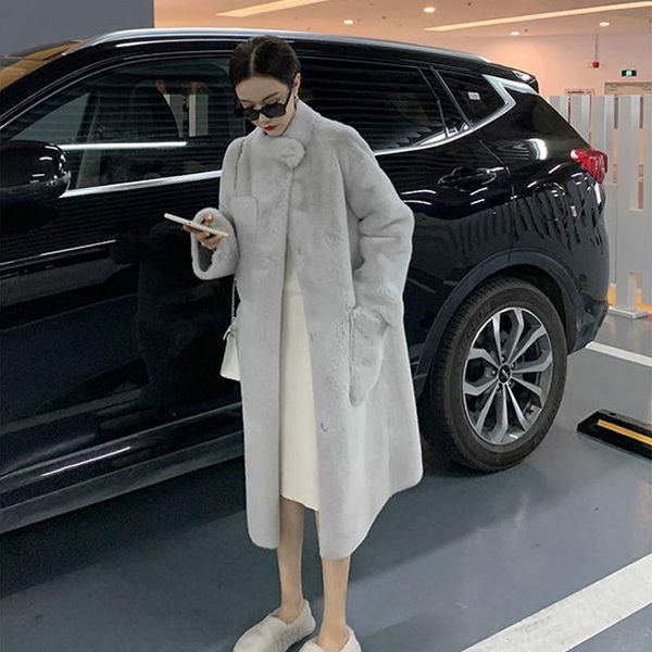 

women's fur & faux 2021 winter elegant warm long coat women solid outerwear soft lambwool shirling furry jacket abrigos, Black