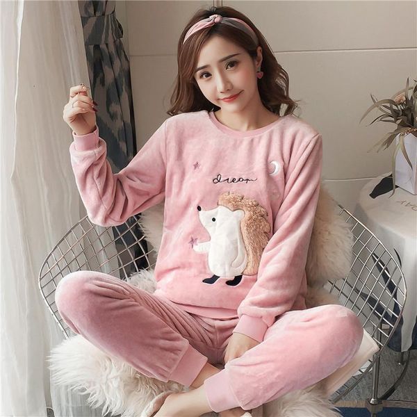 

sleepwear cartoon animal pijama autumn winter women pyjamas sets pajamas sleepwear suit thick warm coral flannel nightgown female, Black;red