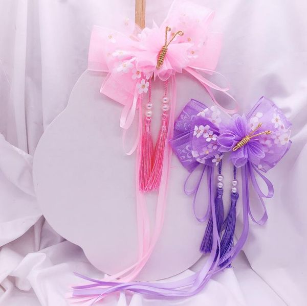 

hanfu tassels streamers hairpin back head clip net yarn big butterfly end ancient style accessories girl child flower hair, Slivery;white