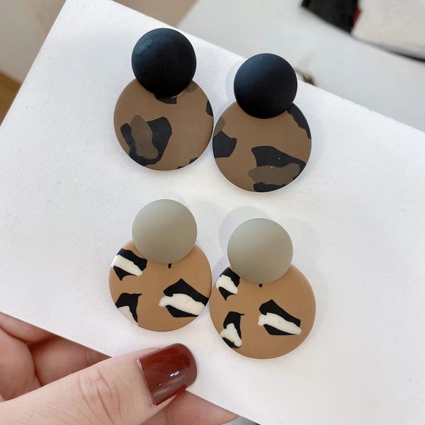 

leopard geometric round polymer clay hanging drop earrings for women retro pendant big dangle earrings trendy jewelry, Silver