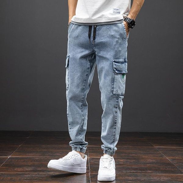 

men's jeans spring summer black blue baggy men streetwear multi-pockets cargo pants joggers jean trousers plus size 6xl 7xl 8xl