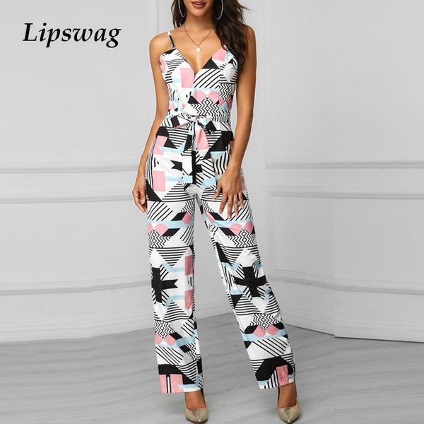

women's jumpsuits & rompers elegant geometric print belt jumpsuit casual summer v-neck beach overalls sleeveless backless wide leg xxl, Black;white