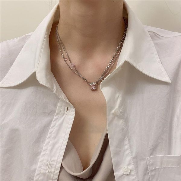 

chains origin summer vintage double layer pink geometric rhinestone pendant necklace for women asymmetry metal chain jewelry, Silver