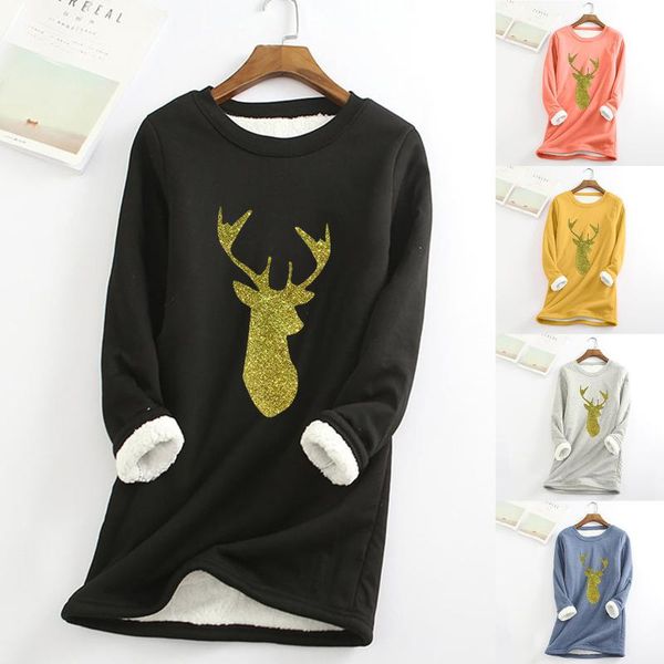 

women's hoodies & sweatshirts 2021 women christmas elk print hoodie autumn winter oversized thick warm fleece pullovers casual female s, Black