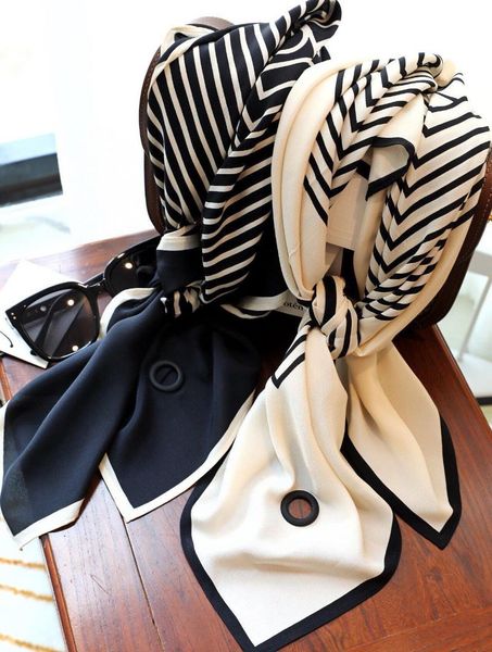 

scarves women 2021 spring and summer ladies black white striped silk square scarf or shawl, Blue;gray