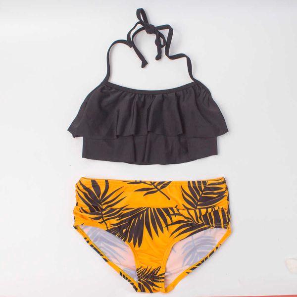 

halter falbala kids bikini set leaf print children high waist swimwear swimsuit summer bandage girls biquini infantil 294