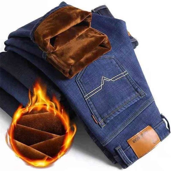 

autumn and winter elastic men's jeans straight tube loose casual pants autumn large with plush thickening 210716, Blue