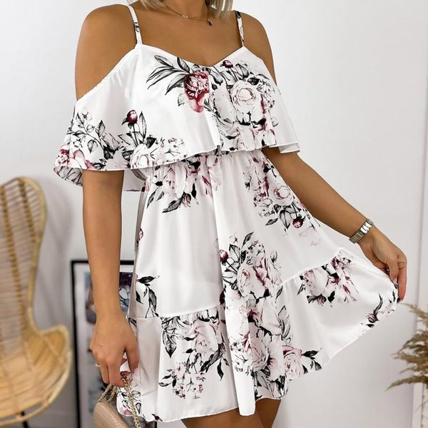

casual dresses womens summer dress print ruffle blouse short sleeve sling loose floral for women sukienka w kwiaty, Black;gray