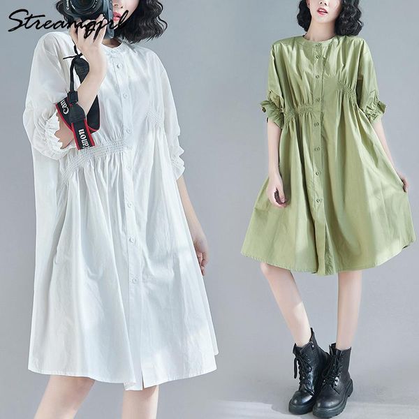 

casual dresses streamgirl summer white for women 2021 high waist loose dress shirt sleeve cotton blue irregular woman, Black;gray