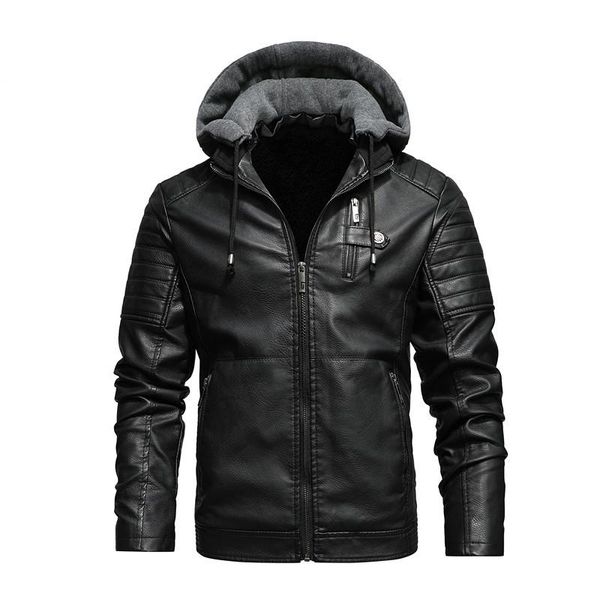 

men's fur & faux leather jacket hood winter coat jaket men warm jackets 2021 autumn fashion casual wear stand collar chaqueta moto homb, Black