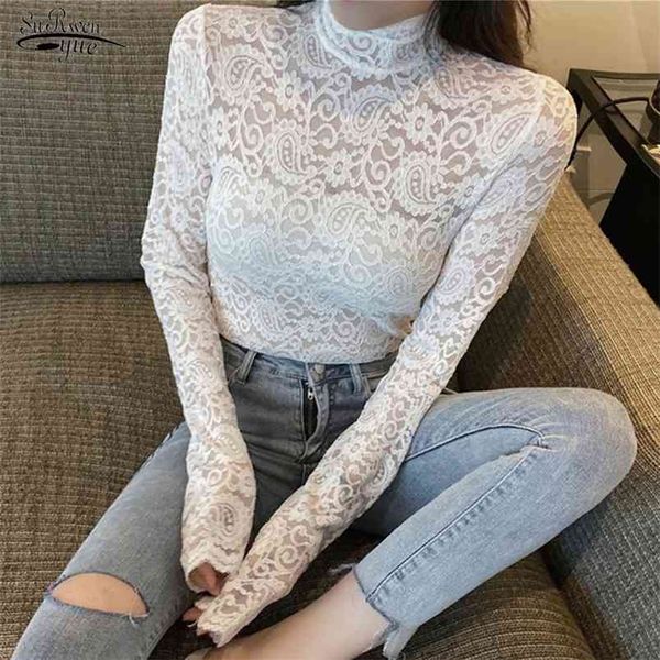 

spring white lace blouse shirts women long sleeve slim casual shirt crochet floral hollow out 210421