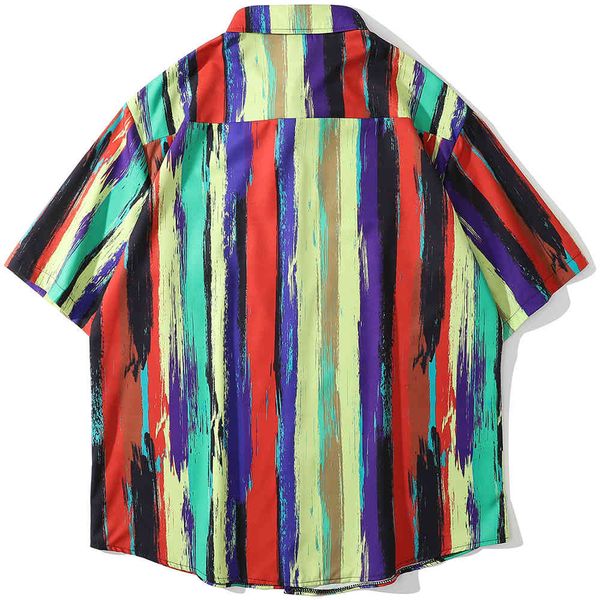 

men's casual shirts hip hop shirt streetwear striped man hit printed hawaiian casual shirts colorful loose high street beach summer, White;black