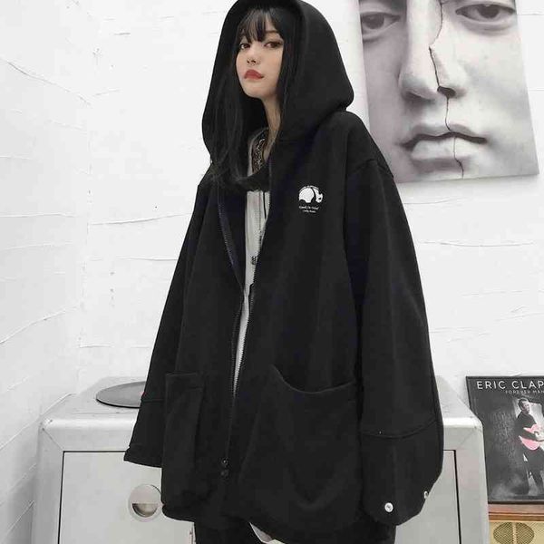 

women's hoodies & sweatshirts houzhou oversized preto zip up hoodie feminino gÃ³tico harajuku inverno veludo panda impressÃ£o zÃ­per molet, Black