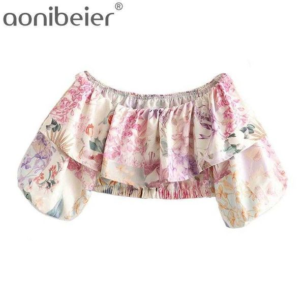 

floral print off shoulder crop summer fashion lantern sleeve ruffle casual blouses female loose beach 210604, White