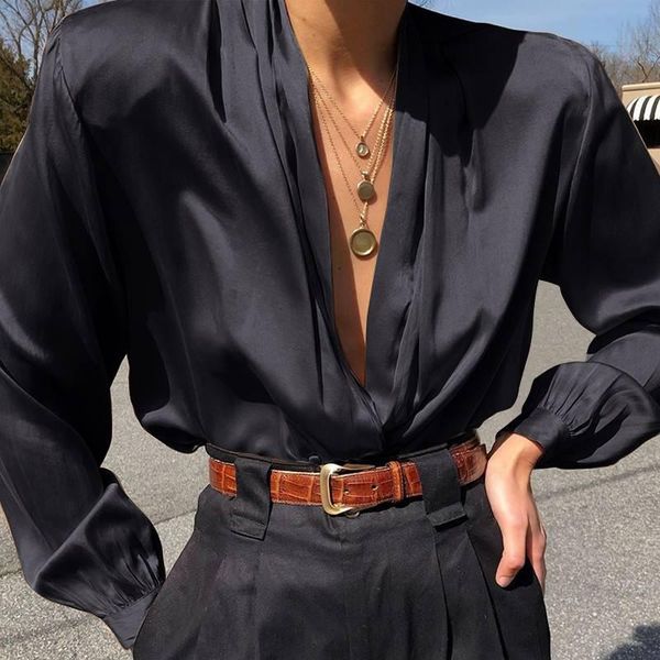 

autumn slik blusas celmia elegant fashion women satin blouse solid shirts long lantern sleeve v-neck buttons women's blouses &, White