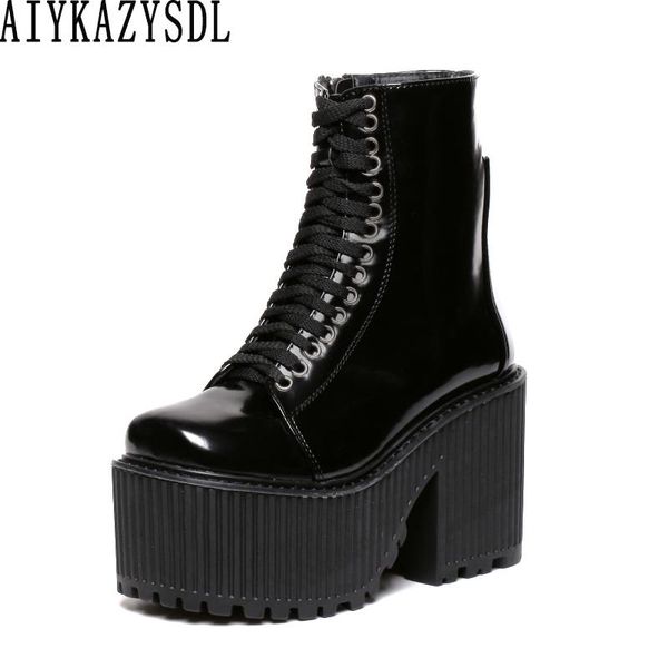 

boots aiykazysdl women punk gothic chunky heel bootie thick bottom platform block high motorcycle biker ankle shoes, Black