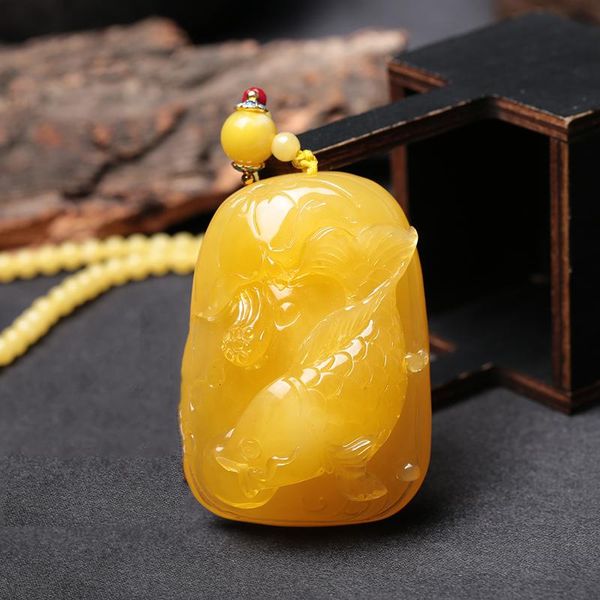 

pendant necklaces fashion natural yellow beeswax gourd crucian carp fortune and longevity wishful necklace men women jewelry gifts, Silver