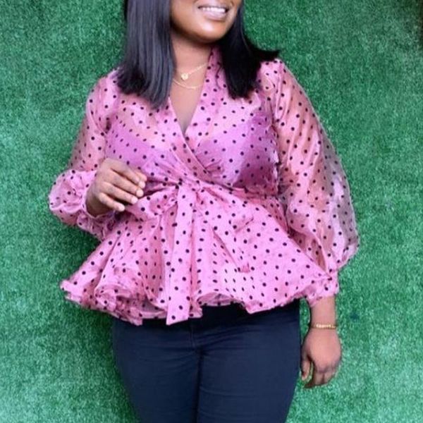 

women's blouses & shirts women polka dot blouse v neck long lantern sleeve shirt transparent female spring autumn elegnat clothing, White