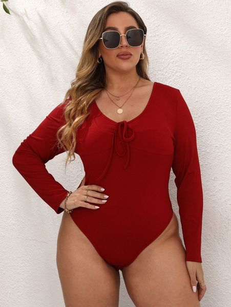 

plus tie front tee bodysuit p71y#, Black