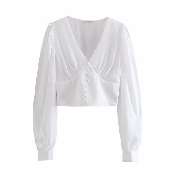 

solid deep v-neck vintage buttons women shirt long sleeve white fashion cropped female office lady t-shirt mujer 210521
