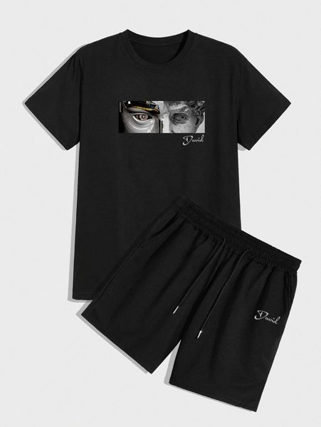 

men figure & letter graphic tee with shorts z2y8#, Gray