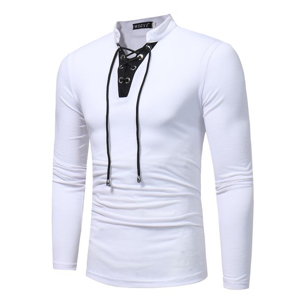 

Men's long collar with drawstring neckline pullover's shirt thin shirts contrast tops correspondence, White;black